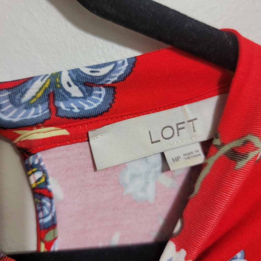 LOFT Vine Neck Mock Swing Dress Red Floral Medium Petite - Picture 3 of 8